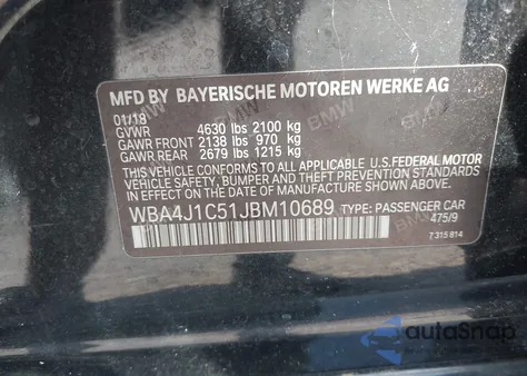 2018 BMW 430I Gran Coupe from USA, damaged, VIN WBA4J1C51JBM10689